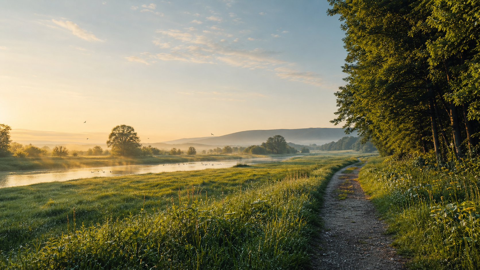 Morgendliche Flusslandschaft mit Weg am Waldrand